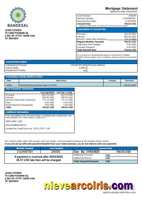 Salvador Bandesal bank mortgage statement
